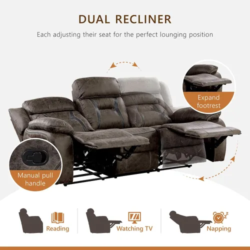 Vista 5 de Homelegance Sofá reclinable, sofá reclinable doble manual de microfibra pulida, marrón oscuro