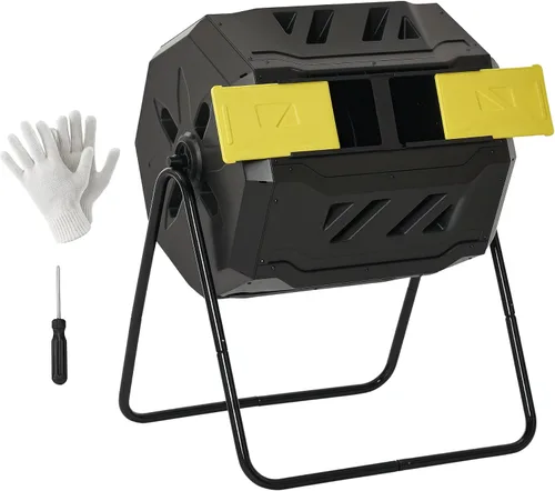 Vista 10 de Outsunny Cubo de compostaje giratorio para exteriores 360° de doble cámara, contenedor de compost de 43 galones, negro