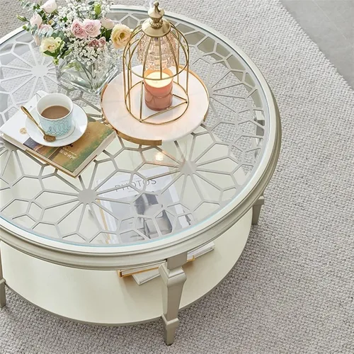 Vista 2 de Mesa de té para sala de estar, mesa de centro redonda de madera moderna con tallado calado y parte superior de cristal, 31.4/39.3 pulgadas, elegante