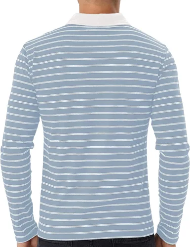 Vista 4 de MLANM Polo para hombre de manga cortalarga, informal, ajustado, diseño básico, a rayas, de algodón