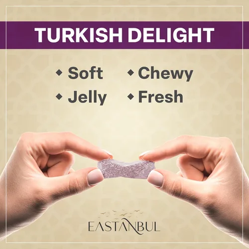 Vista 5 de Eastanbul Delicia Turca, 10.5 oz, Delicias Turcas Surtidas Sabor Fresa, Mora, Frambuesa y Arándano, Dulce Internacional, Lokum, Natural, Sin Gluten