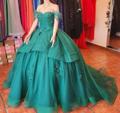 Vista 4 de Mauuwy Vestidos florales de quinceañera, vestido de baile hinchado de tul dorado con encaje dulce 16 vestidos de fiesta con hombros descubiertos