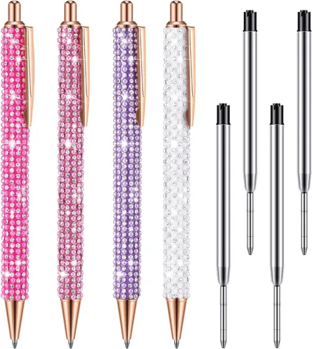 Vista 14 de Ireer 4 bolígrafos brillantes de diamantes de imitación para mujer, bolígrafo de tinta de metal con purpurina de cristal con 4 recambios de 0.039