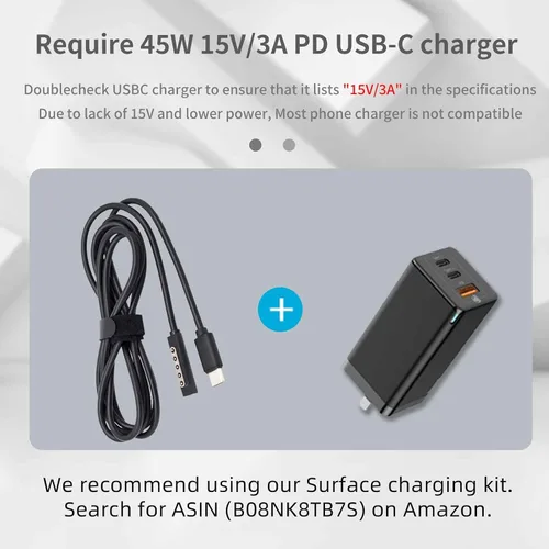 Vista 5 de Cable de carga USB C para Surface RT y Pro 1 2 (negro de 6 pies), funciona con cargador USB-C de 15 V/3A 45 W, compatible con Microsoft Surface 1512