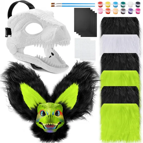 Vista 13 de Seenelling Kit de 13 piezas de máscara de dinosaurio DIY, máscara de dinosaurio de plástico duro, kit de disfraz de dinosaurio peludo Therian