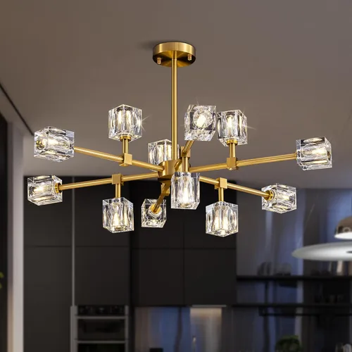 Vista 16 de Candelabro de Cristal Negro, Lámparas de Araña Sputnik con 12 Luces, Lámpara de Techo Moderna Ajustable en Altura Semiempotrada para Comedor, Isla