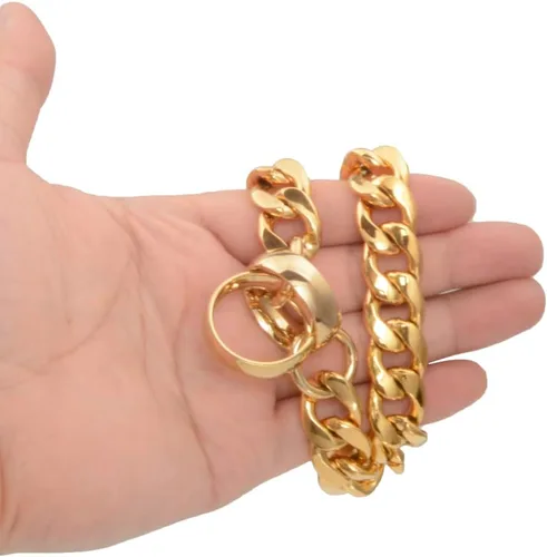 Vista 3 de Collar de perro con cadena de oro de 18 quilates, cadena de perro de eslabones cubanos de 0.59 pulgadas, collar de acero inoxidable de metal