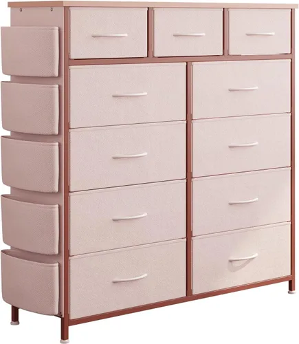 Vista 35 de Cómoda de almacenamiento de tela con 11 cajones para organización del dormitorio, cómoda con estantes profundos, bolsillos laterales y ganchos, Negro