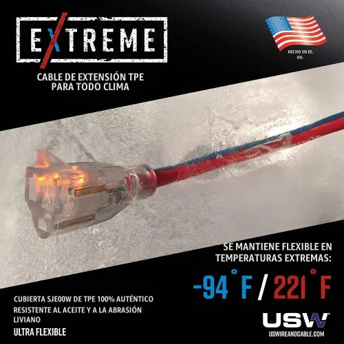 Vista 3 de US Wire 99025 12/3 25 pies SJEOW TPE Cable de extensión para clima frío azul con enchufe iluminado