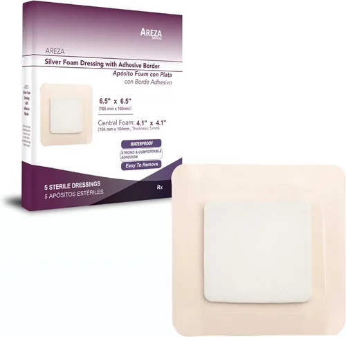 Vista 7 de Areza Medical - Almohadilla de espuma plateada para heridas - Estéril - 4" X 4" (3.9 in X 3.9 in) - Borde adhesivo - 10 unidades por caja