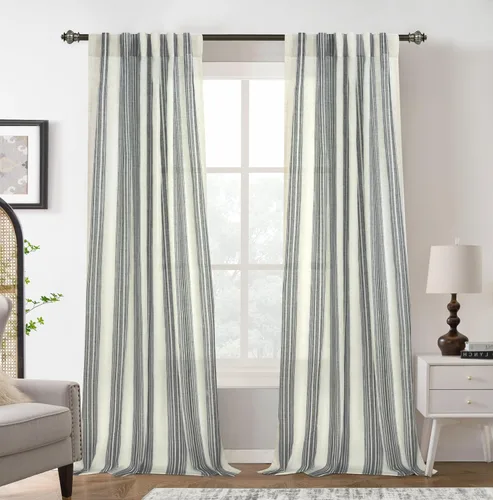 Vista 88 de DriftAway Cortinas de estilo granja con rayas verticales de lino mezclado texturizado con filtro de luz semitransparente para sala de estar