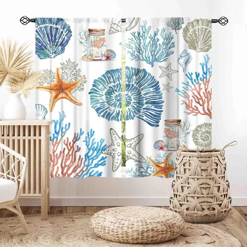 Vista 27 de Cortinas costeras, temática de playa de verano, acuarela, medusas náuticas, estrellas de mar, concha, caballito de mar, azul, opacas, cortinas