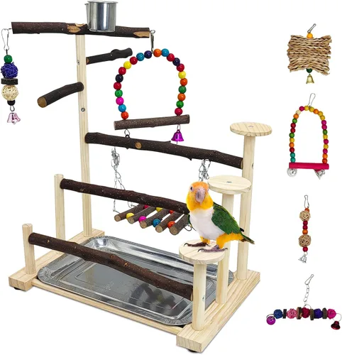 Vista 10 de PINVNBY Parque infantil para pájaros, soporte de madera para ejercicio, perca, gimnasio, escalera, con comedero, columpio, juguetes para periquitos