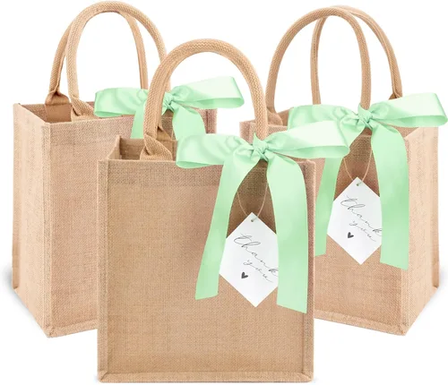 Vista 11 de Paquete de 6 bolsas de arpillera con asas reutilizables, mini bolsas de regalo de yute con cintas de seda azules, forro impermeable para bodas
