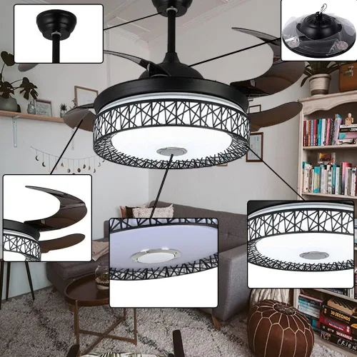 Vista 4 de Lámpara de techo moderna de 42 pulgadas con control remoto, ventilador de techo retráctil con altavoz Bluetooth, iluminación de 3