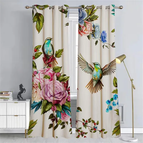 Vista 2 de Koudi Cortinas opacas con diseño de pájaros y flores, cortinas de oscurecimiento con ojales, paneles de cortina con aislamiento térmico