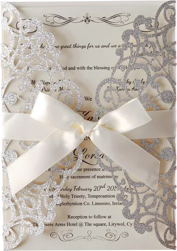 Vista 14 de Hosmsua 20 unidades de invitaciones de boda con flores de 13 x 18,5 cm con purpurina y corte láser con cintas y sobres para boda, despedida