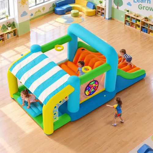 Vista 11 de Albott Inflatable Bounce House Obstacle Course with Blower, for Kids 3-10 Azul océano y verde