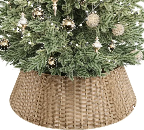 Vista 10 de Collar de mimbre para árbol de Navidad, cubierta de base de árbol PP marrón plano