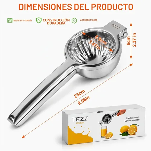 Vista 3 de TEZZ Exprimidor de Limón Extra Grande Mejorado, Exprimidor de Naranja Manual de Servicio Pesado con Tazón de Filtro Extra Grande de 3.47'', Plateado
