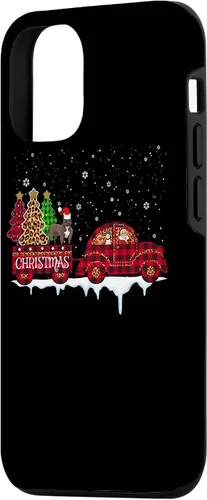 Vista 2 de Funda para iPhone 15 Pit Bull Dog Christmas Red Plaid Truck Santa Christmas Tree