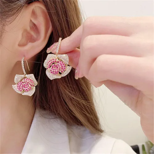 Vista 3 de Huggie CZ Flower Dangle Stud Earrings for Women Girls with Charms Fashion Luxury Pave Rhinestone Filigree Camellia Rose Dainty Crystal Drop Dangling