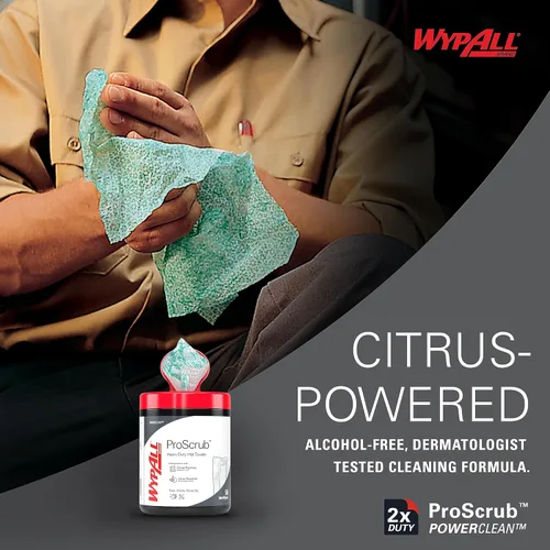 Vista 7 de WypAll PowerClean ProScrub Toallas Húmedas de Trabajo Pesado (91371), Limpieza de Doble Acción, Toallitas Grandes de 9.5" x 12" Pulgadas, Cubo