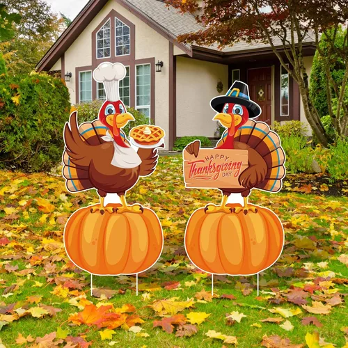 Vista 5 de Letreros Grandes de Patio para Acción de Gracias 2 piezas con Estacas Decoraciones de Feliz Acción de Gracias Exterior Pavo Calabazas Cosecha Jardín