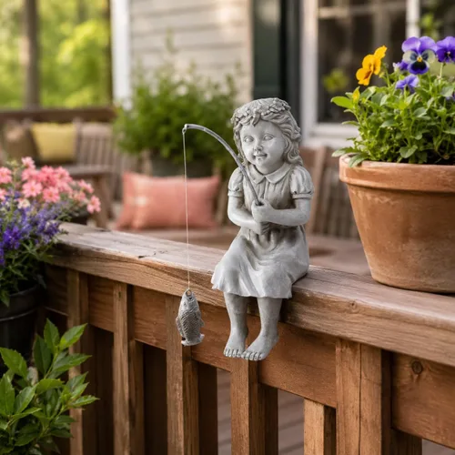 Vista 9 de Goodeco Estatua de jardín de Fishergirl – Pequeño pescador de 11 pulgadas para estanque Koi o cascadas, estatua junto a la piscina con guijarros que