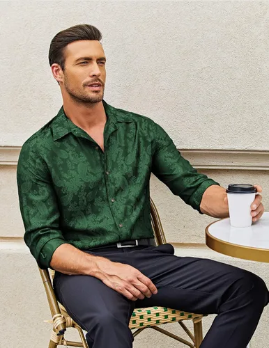 Vista 3 de COOFANDY Camisa de vestir con estampado floral para hombre, camisas de manga larga con botones de cachemira para boda, fiesta, baile de graduación