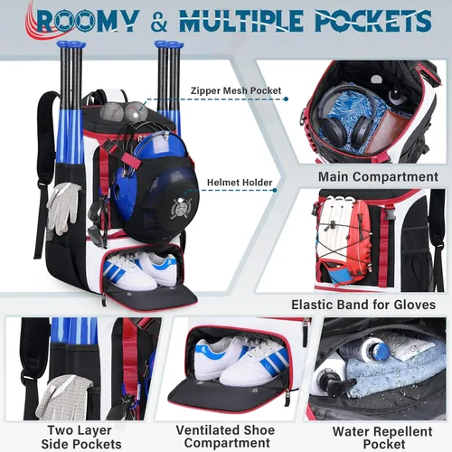 Vista 3 de SDYSM Bolsa de béisbol ligera para adultos y jóvenes, mochila de béisbol grande de 40 litros con compartimento para zapatos, soporte para casco