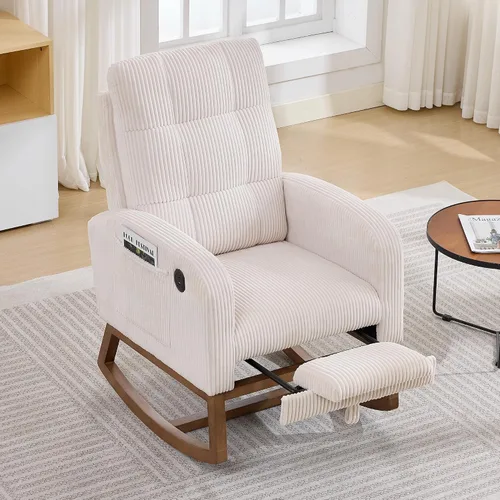 Vista 10 de Garvee Silla mecedora moderna para guardería, cómoda silla mecedora con bolsillo lateral y reposapiés, respaldo alto reclinable para sala
