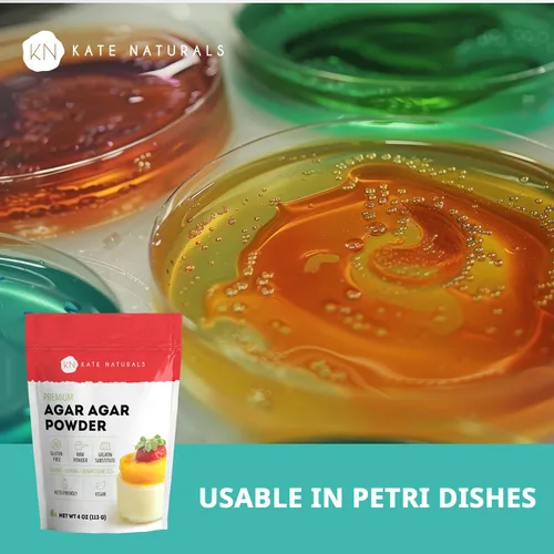 Vista 5 de Kate Naturals Polvo de agar agar para cocinar y platos de Petri. Polvo sustituto de gelatina vegana sin sabor para hojas de gelatina y halal