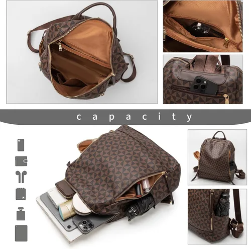 Vista 5 de Mochila Monedero para Mujer de Cuero Anti-robo Grande de Diseñador de Moda Mochila de Viaje Bolsa Mochila para Hombre Bolsas de Hombro, A-Marrón
