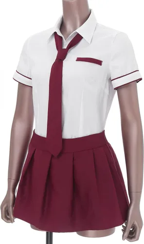 Vista 6 de YOOJIA Uniforme para mujer, disfraz de cosplay de manga corta, camisa de corbata con falda a cuadros, conjuntos de 3 piezas