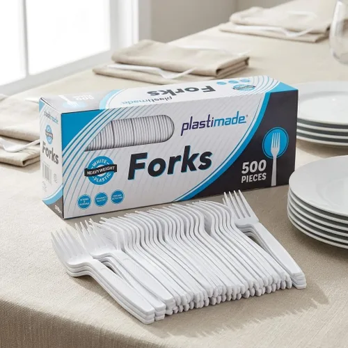 Vista 9 de Tenedores de plástico blanco, 500 unidades, tenedores desechables extrapesados, cubiertos de plástico a granel sin BPA para fiestas, bodas, catering