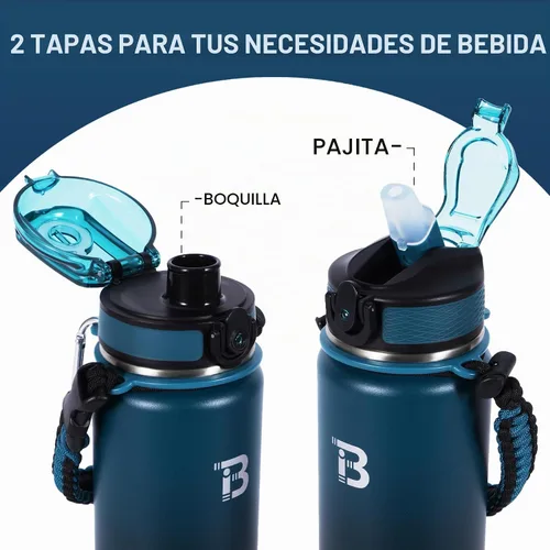 Vista 2 de TOPBADE Botella de agua aislada de 32 onzas con tapa de pajita, tapa de boquilla y mango de paracord, botella de agua de acero inoxidable de boca