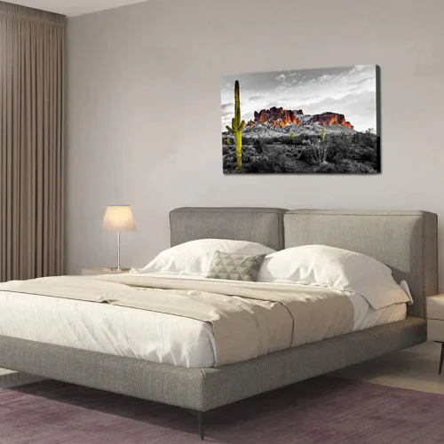 Vista 4 de Biuteawal Superstición Montañas Puesta de Sol Arte de Pared Arizona Desierto Occidental Cactus Paisaje Pinturas de Paisaje Lienzo Impresión