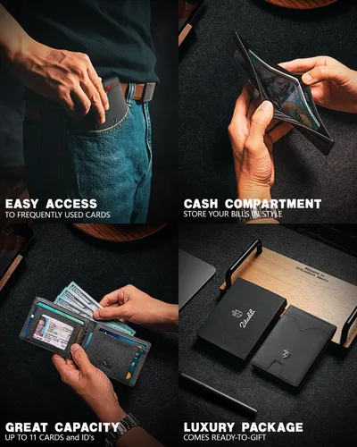 Vista 2 de Zitahli Cartera para hombre, billetera para hombre, delgada de cuero plegable, bloqueo RFID, 11 ranuras para tarjetero, caja de regalo, Negro cruzado