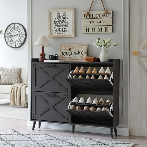 Vista 19 de Barnyatoh - Gabinete de almacenamiento de zapatos estilo granja, organizador de zapatos con 2 cajones abatibles y diseño de puerta de granero