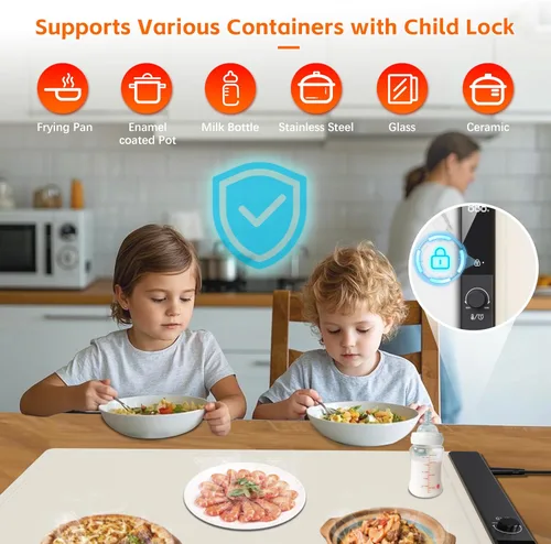 Vista 4 de Tapete eléctrico para calentar alimentos, bandeja de calentamiento eléctrica de silicona con bloqueo para niños, temporizador, placa caliente