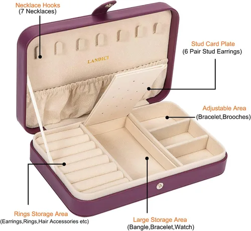 Vista 3 de LANDICI - Caja de joyería pequeña para mujeres y niñas, estuche organizador de joyería de viaje de cuero PU, soporte portátil para almacenamiento