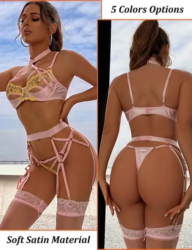 Vista 5 de Aranmei Conjunto de lencería sexy de encaje de satén bordado con aros y brasier push up para mujer