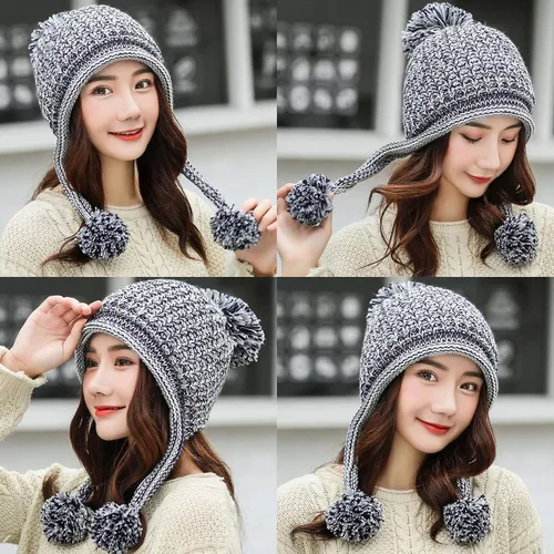 Vista 6 de HUAMULAN - Gorro de invierno para mujer estilo peruano con forro polar, solapas para orejas, doble capa, con pompones