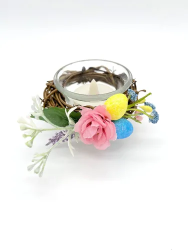 Vista 4 de Easter Floral and Glitter Pastel Eggs Candle Holder for Easter and Spring Table Decorations on Glass Candle Holder Glass Base - Set of 2