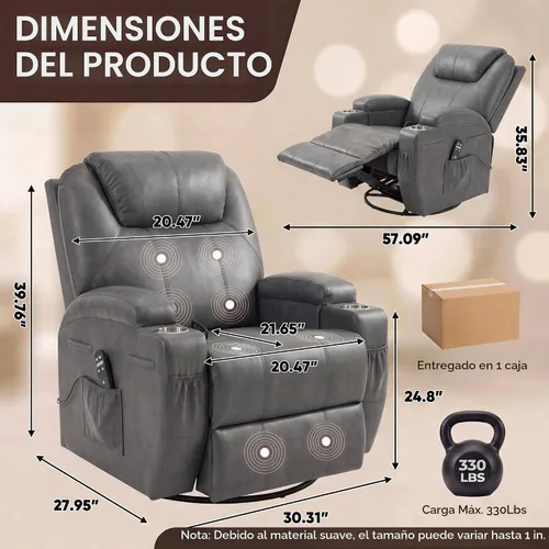 Vista 3 de JUMMICO Pequeño sillón reclinable giratorio con masaje Gris-oscuro