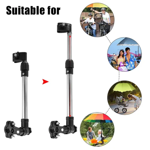 Vista 2 de Soporte para paraguas para cochecito de bebé, paraguas retráctil ajustable de 360°, soporte de acero inoxidable, accesorios para actividades al aire