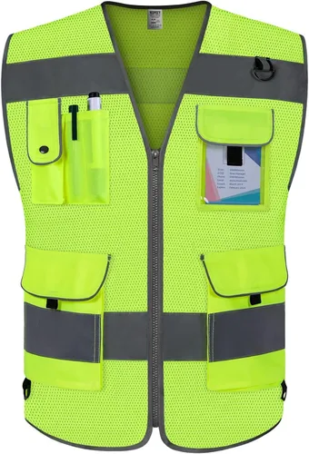 Vista 8 de TCCFCCT Chaleco de seguridad de malla para hombres y mujeres, chaleco de seguridad reflectante de alta visibilidad con 9 bolsillos, chaleco
