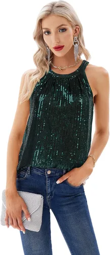 Vista 2 de GRACE KARIN Camisetas halter de lentejuelas para mujer, sin mangas, brillantes, fruncidas, fluidas, brillantes, para club, camisa de fiesta