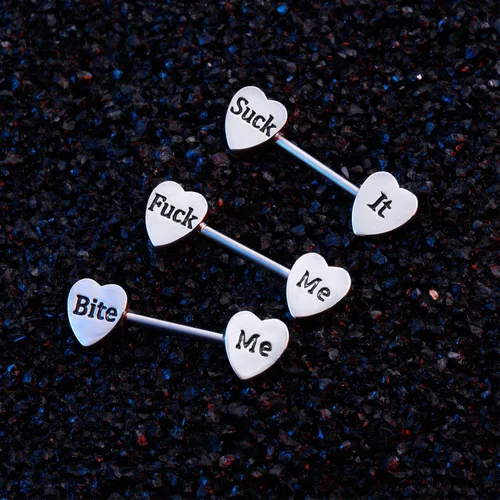 Vista 6 de 3 pares de aretes de acero inoxidable 14G para mujer, mancuernas en forma de corazón para pezón y lengua